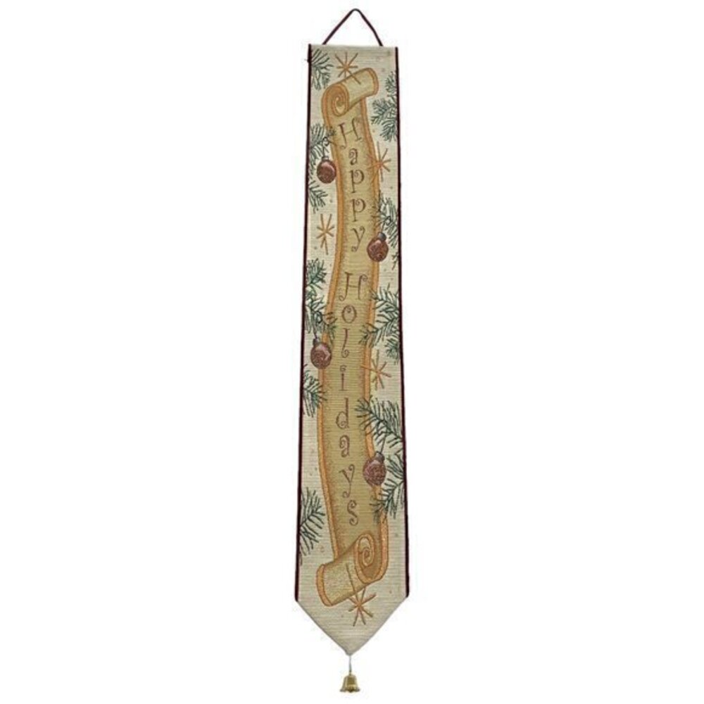 Happy Holidays Tapestry Scroll Art Wall Door Hanging Ornaments Pine Decor Bell